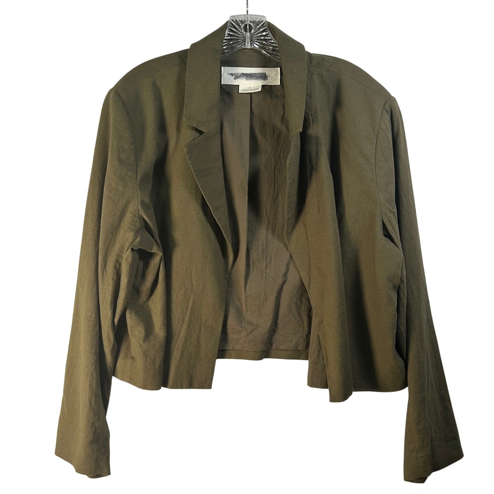 Treasure & Bond Womens Olive Green Linen Blend‎ Cropped Open Front Blazer Large